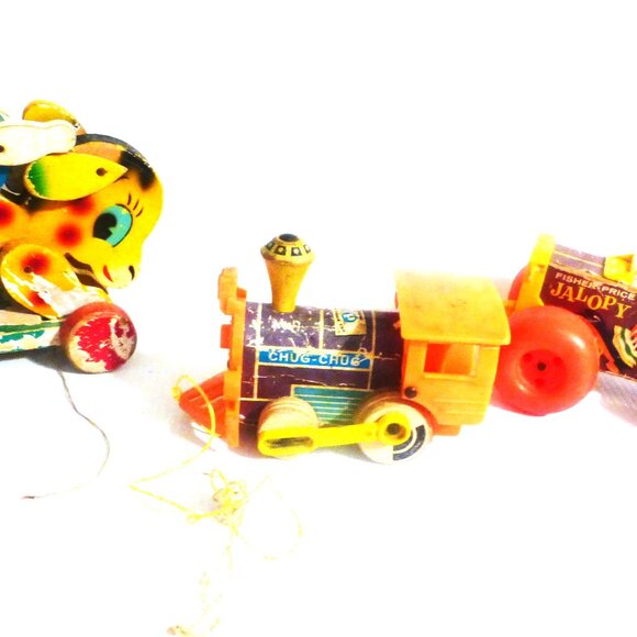 3 Vintage Fisher Price WOOD Pull Along Chug Chug Jalopy Horse Pre-School - Picture 2 of 10